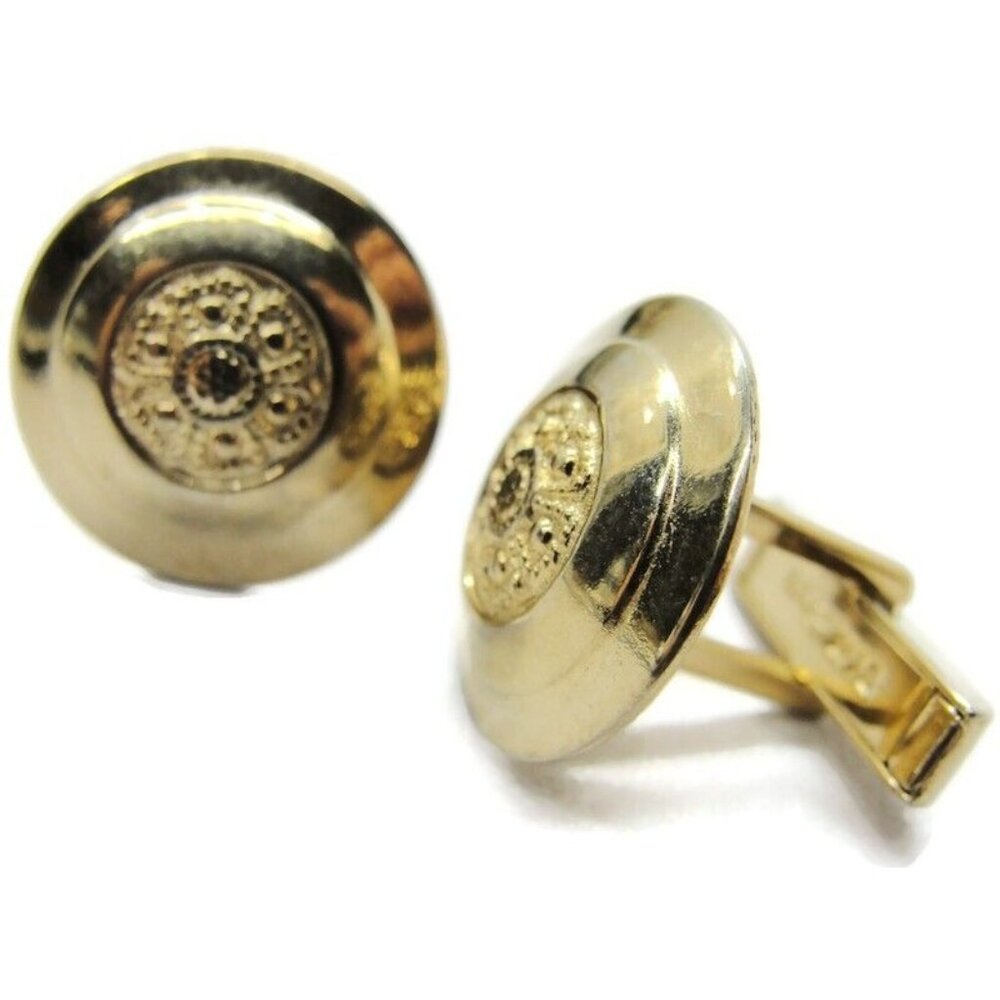 Vintage Cufflinks Dome Style with Etching Round Gold Tone Signed Pat Pend